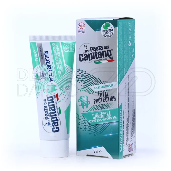 بسته بندی خمیر دندان پاستا دل کاپیتانو در تیوب سفید با طرح ایتالیایی، حاوی چیتوسان و مریم گلی برای محافظت کامل دندان و تقویت لثه