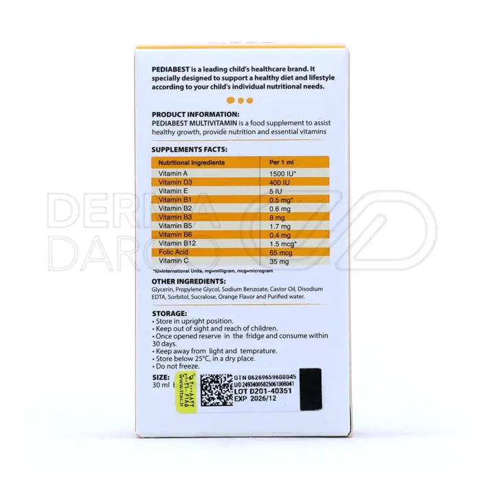 قطره مولتی ویتامین پدیابست با طعم پرتقال ۳۰ میلی لیتر