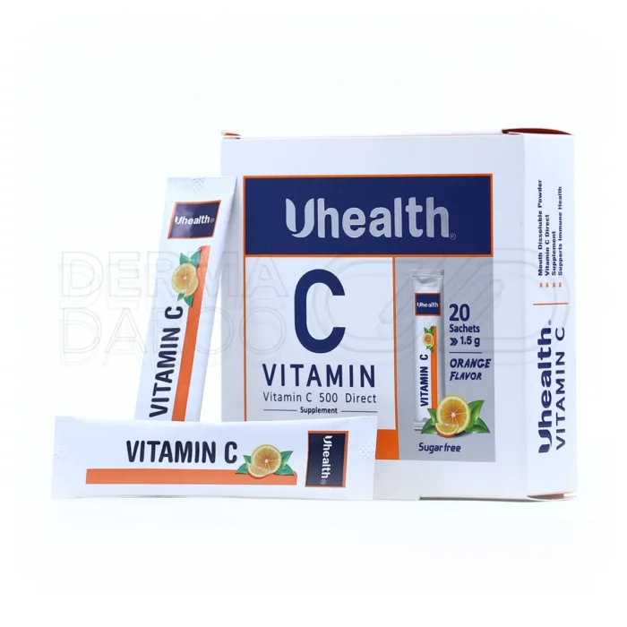 pharmed-salamat-sina-uhealth-vitamin-c-500-mg-20-sachets (1) ساشه ویتامین C ۵۰۰ میلیگرم، با طعم پرتقال، در بستهبندی، آنتیاکسیدان قوی، تقویت سیستم ایمنی، افزایش انرژی و جذب آهن.