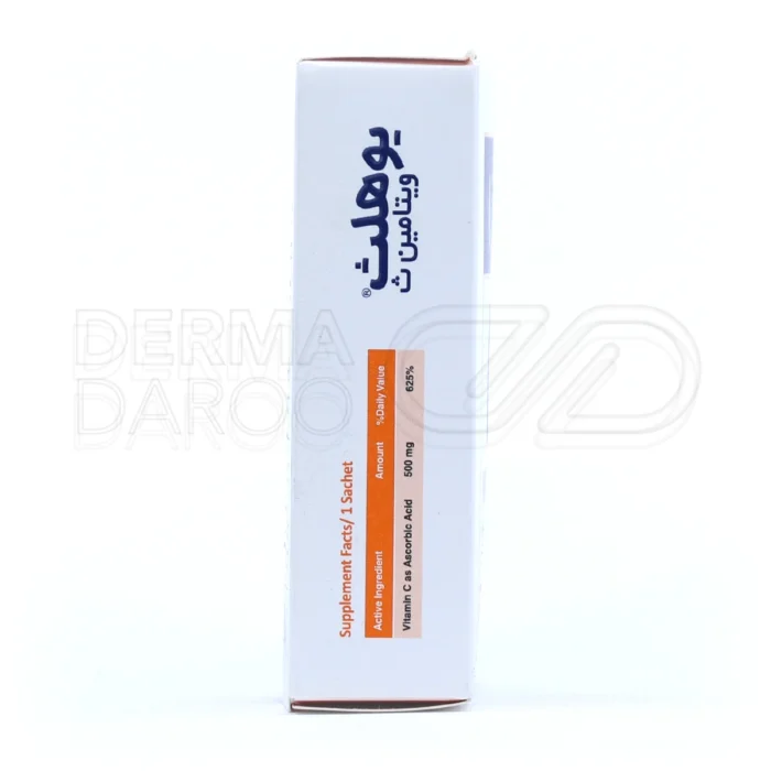 ویتامین C ۵۰۰ میلی‌گرم، ساشه با طعم پرتقال، آنتی‌اکسیدان، تقویت سیستم ایمنی، مناسب کودکان ۹ تا ۱۸ سال و بزرگسالان.