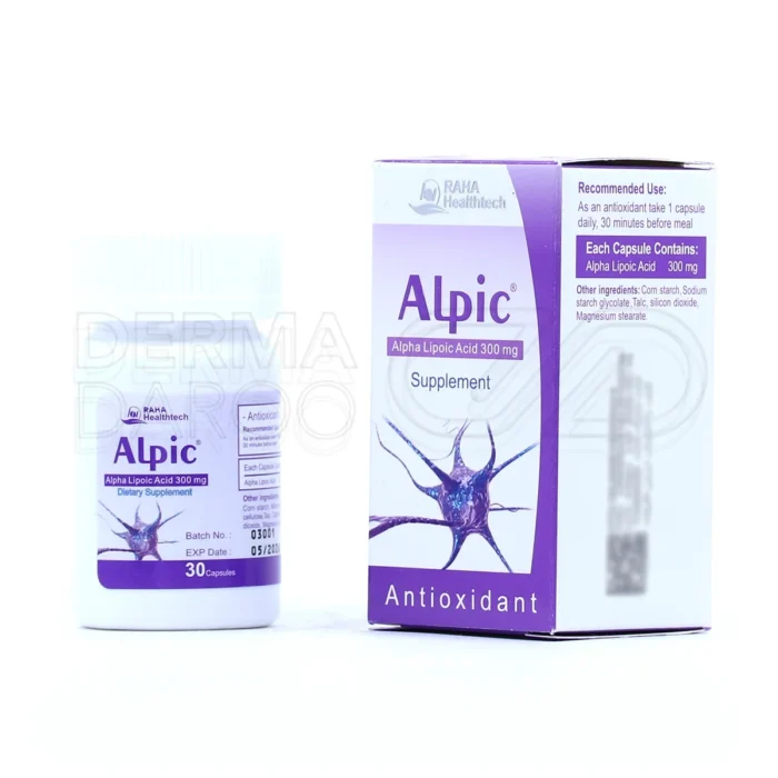 کپسول آلپیک ۳۰۰ میلی‌گرم رها، بسته‌بندی مقاوم، مکمل آلفا لیپوئیک اسید، آنتی‌اکسیدان و درمان دیابت.