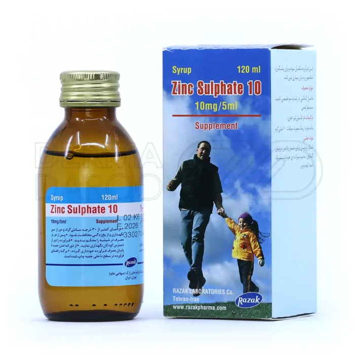 razak-zinc-sulfate-10mg-120-ml-00 شربت زینک سولفات ۱۰ میلی گرم رازک ۱۲۰ میلی لیتر - جعبه بسته بندی و محفظه شربت