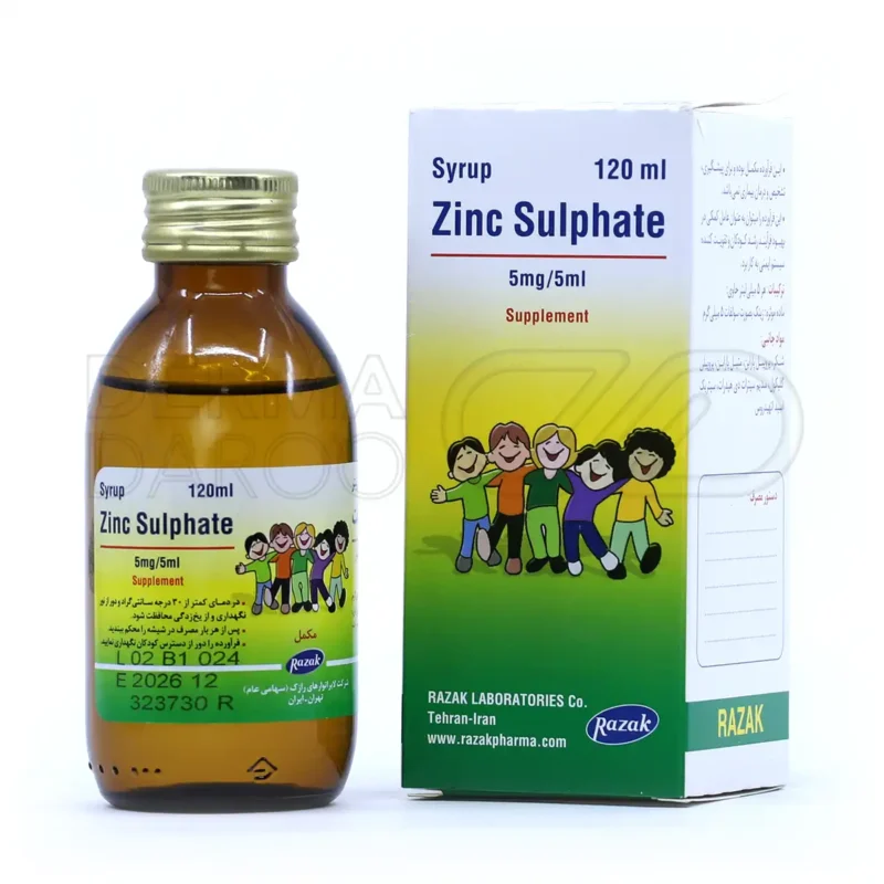 شربت زینک سولفات رازک ۵ میلی گرم ۱۲۰ میلی لیتر - جعبه بسته بندی و محفظه شربت