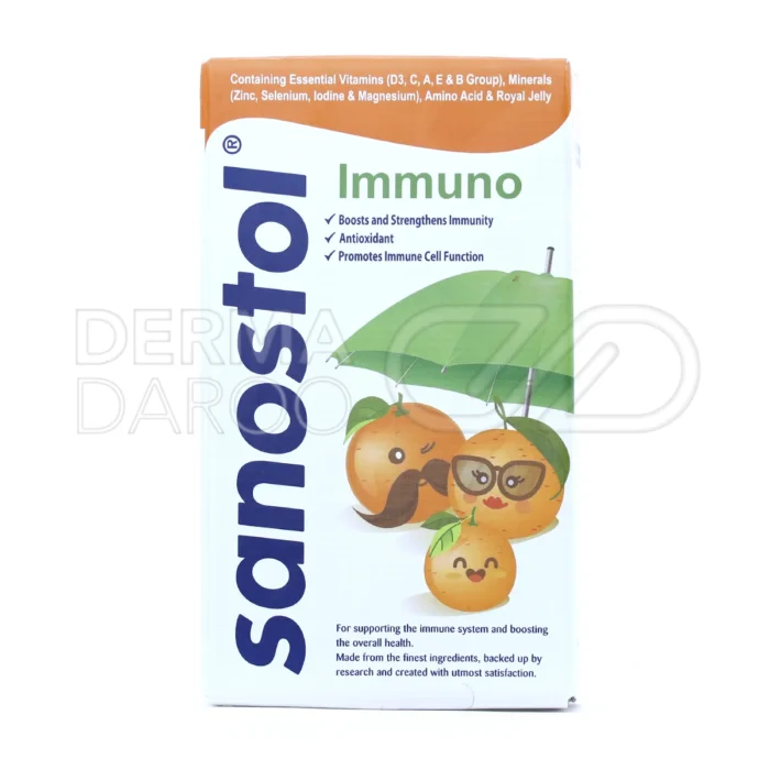 شربت ایمونو سانستول، با ال-لیزین و نیاسین، تقویت‌کننده مفاصل و سیستم ایمنی، طعم پرتقال، مناسب بزرگسالان و کودکان.