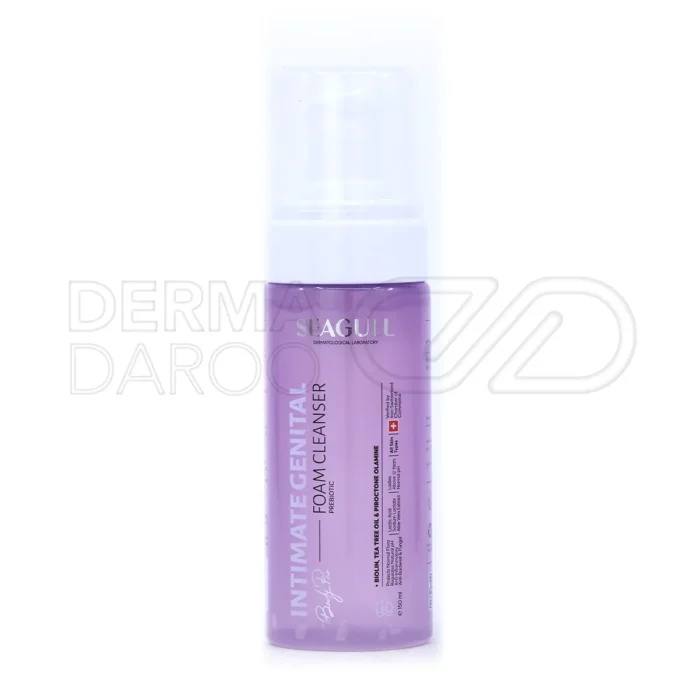seagull-intime-genital-cleansing-foam-150-ml (1) بسته بندی فوم بهداشتی بانوان سی گل در ظرف پمپی سفید، حاوی عصاره آلوئه ورا، بابونه و روغن درخت چای برای پاکسازی ملایم