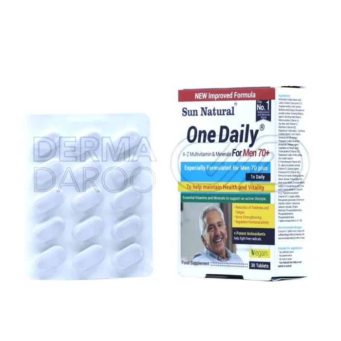 sun-natural-one-daily-multi-vitamin-for-men-up-70-years-30-tabs (1) نمای نزدیک بستهبندی قرص وان دیلی مخصوص آقایان بالای ۷۰ سال سان نچرال