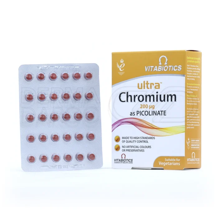 قرص اولترا کروم ۲۰۰ میکروگرم ویتابیوتیکس، در بسته‌بندی، بهبود متابولیسم، حفظ گلوکز خون، فاقد گلوتن، مناسب گیاهخواران.