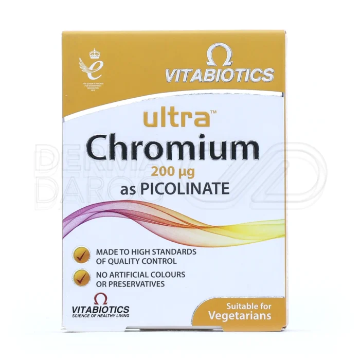 کروم ۲۰۰ میکروگرم ویتابیوتیکس، قرص مکمل، حفظ سطح گلوکز، بدون گلوتن، بهبود متابولیسم، مصرف با وعده غذایی، گیاهخوار.