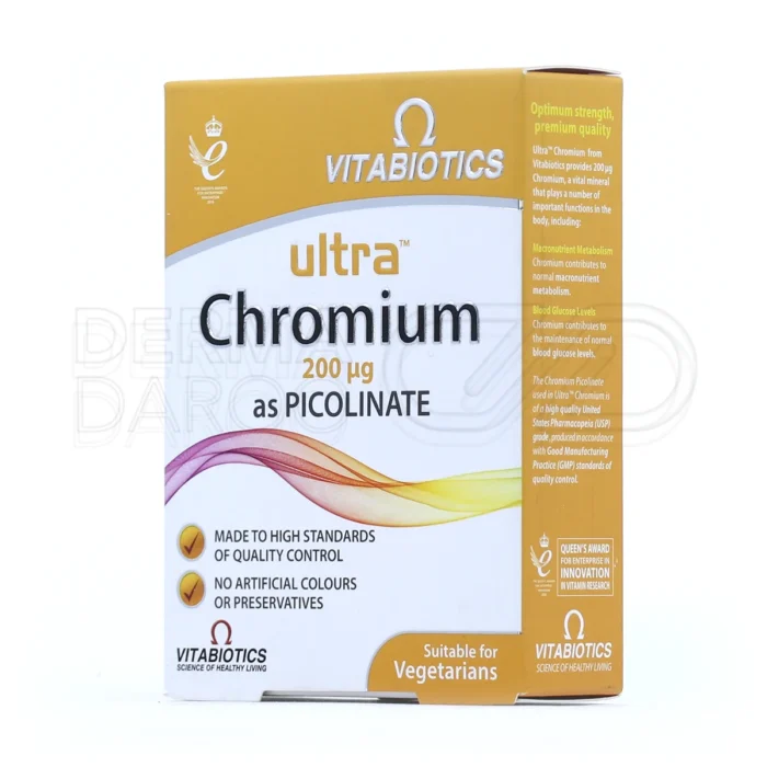 قرص اولترا کروم، با ۲۰۰ میکروگرم کروم، حفظ گلوکز خون، فاقد رنگ مصنوعی، بهبود متابولیسم، مناسب گیاهخوار.