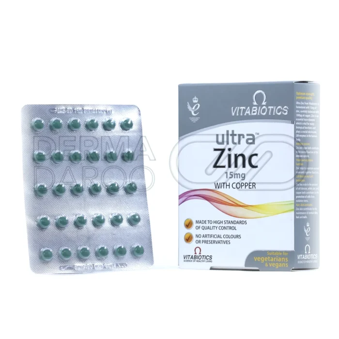 قرص اولترا زینک ۱۵ میلی‌گرم ویتابیوتیکس در بسته‌بندی وگان‌فرندلی؛ مکملی با زینک و مس برای تقویت سیستم ایمنی و کاهش ریزش مو، مناسب برای گیاه‌خواران