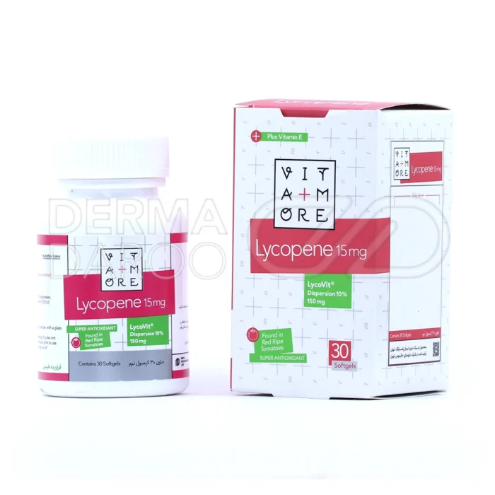 سافت ژل لیکوپن ۱۵ میلی‌گرم ویتامور، بسته‌بندی مقاوم، مکمل آنتی‌اکسیدان، تقویت قلب و پروستات.