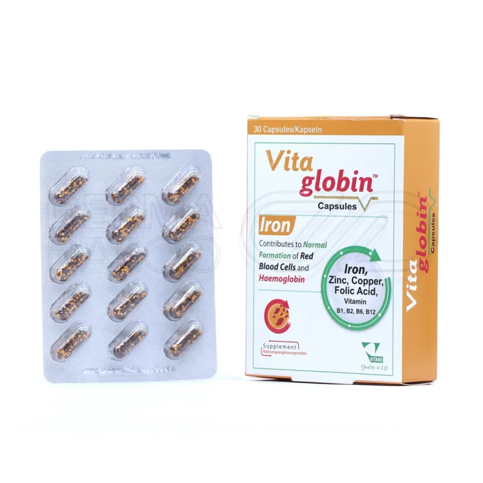 کپسول ویتاگلوبین ویتان، بسته‌بندی مقاوم، مکمل خون‌ساز با آهن و B کمپلکس، تقویت ایمنی.
