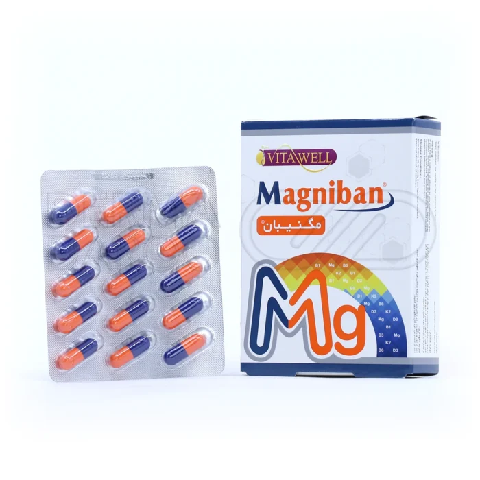 کپسول مگنیبان ویتاول، با منیزیم و ویتامین‌های B1، B6، D، K، در بسته‌بندی، تقویت سیستم عصبی و عضلانی، کاهش اسپاسم.
