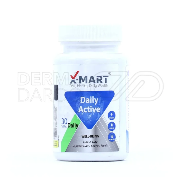 تصویر قرص دیلی اکتیو ایکس مارت به همراه بسته‌بندی؛ مولتی ویتامین کامل برای سلامت عمومی بدن، افزایش انرژی، بهبود خلق‌وخو و تقویت پوست و مو