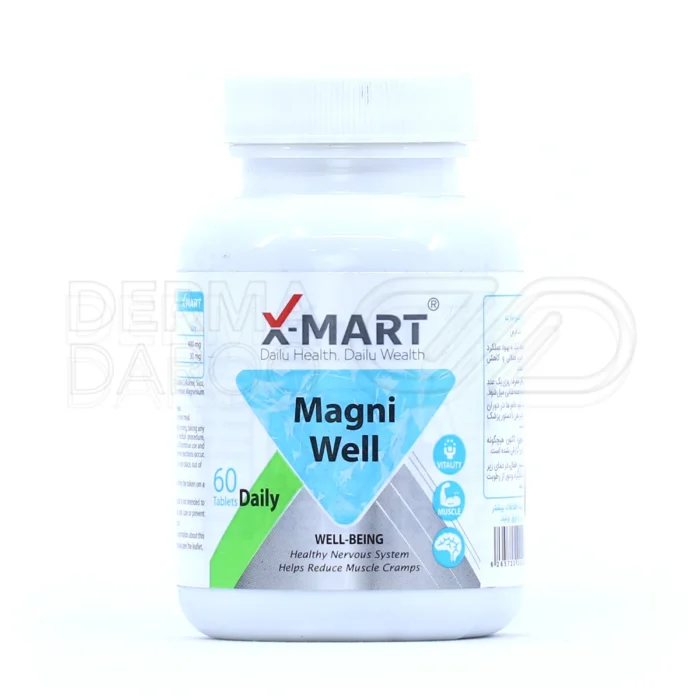 قرص مگنی ول ایکس مارت، با ۴۰۰ میلی‌گرم منیزیم و ویتامین B6، در بسته‌بندی، کاهش گرفتگی عضلات، بهبود علائم PMS و میگرن.