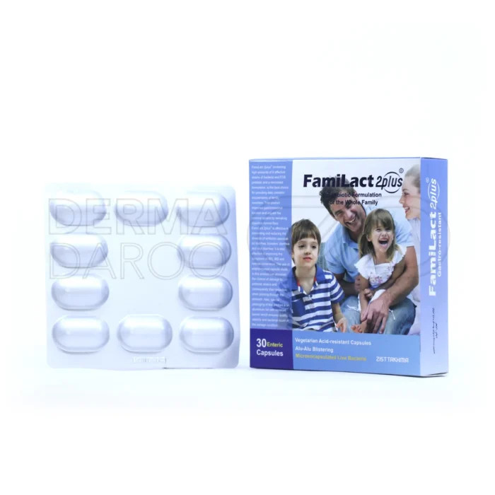 کپسول پروبیوتیک، با ۸ سویه باکتری مفید و FOS، در بسته‌بندی، بهبود گوارش، تقویت سیستم ایمنی، کاهش اسهال و کلسترول.