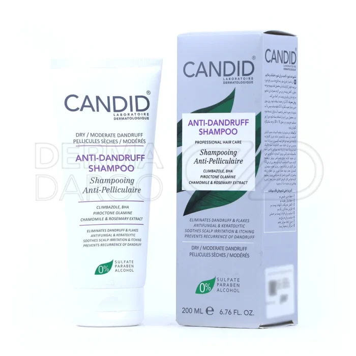 شامپو ضد شوره کاندید، فاقد سولفات، با پیروکتون اولامین و عصاره رزماری، در بطری پمپ‌دار، مناسب پوست سر حساس.