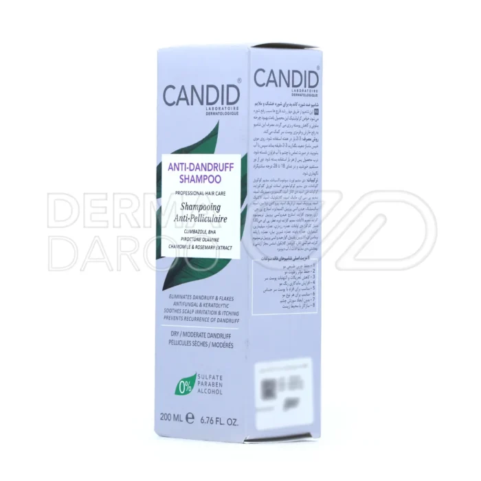 شامپو کاندید ضد شوره، با پیروکتون اولامین و عصاره سیلیمارین، مناسب موهای خشک، کاهش پوسته‌ریزی و التهاب.