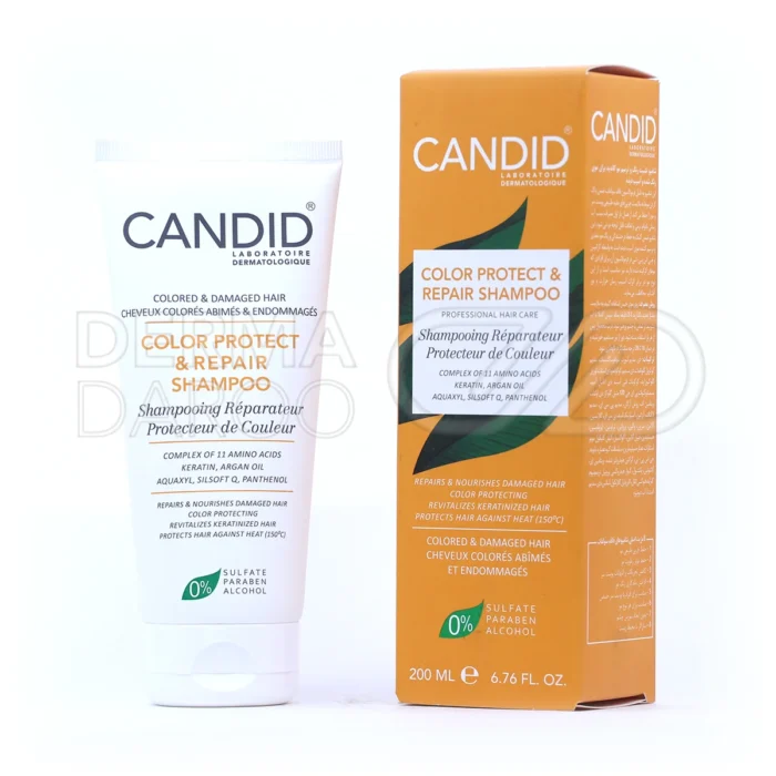 candid-color-protect-and-repair-shampoo-200-ml (1) شامپو تثبیت رنگ کاندید، فاقد سولفات، با روغن آرگان و کراتین، در بطری پمپدار، مناسب موهای رنگشده و آسیبدیده.