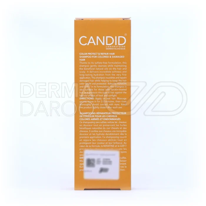 شامپو بدون سولفات کاندید، مناسب موهای رنگ‌شده، با پانتنول و کراتین، کاهش التهاب پوست سر، حفظ چربی طبیعی مو.