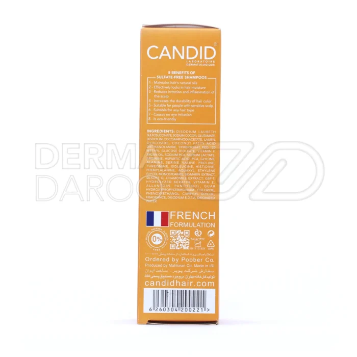 شامپو کاندید، تثبیت‌کننده رنگ مو، فاقد سولفات، با عصاره بابونه و ویتامین E، آبرسان و ترمیم‌کننده موهای آسیب‌دیده.