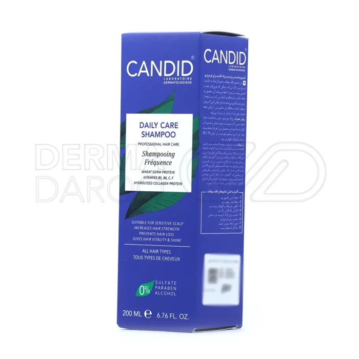 شامپو بدون سولفات کاندید، با ویتامین F و پلی‌کواترنیوم، ضد موخوره، حفظ چربی طبیعی مو، مناسب انواع مو.