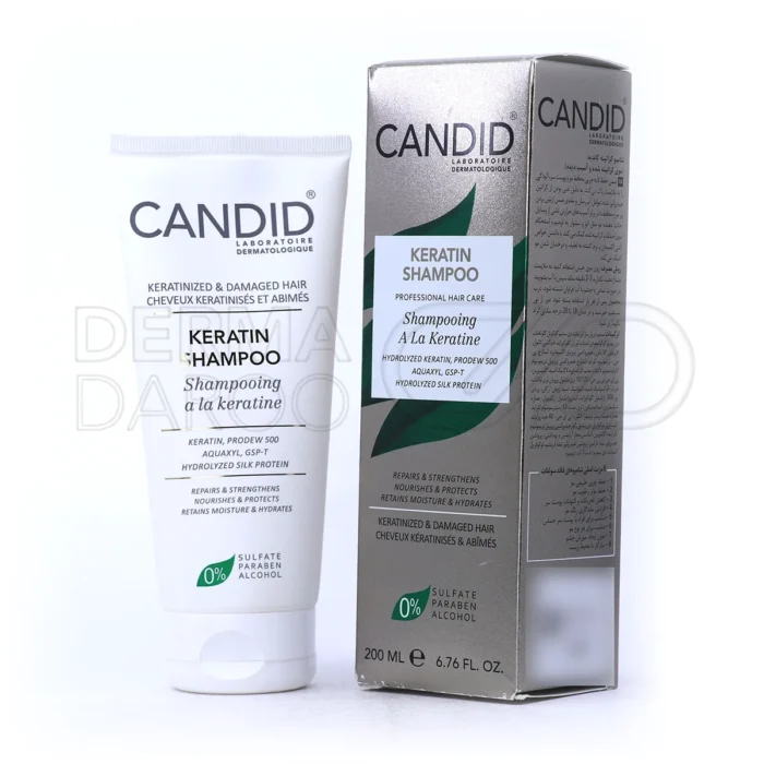 شامپو کراتینه کاندید در بطری سفید با روغن آرگان و پروتئین ابریشم برای آبرسانی و ترمیم موهای کراتینه و آسیب دیده