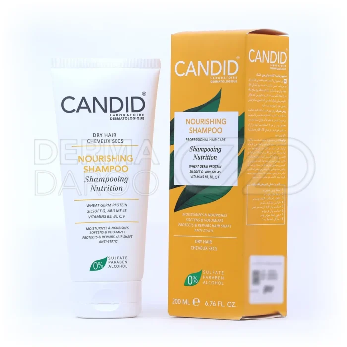 شامپو ویتامینه کاندید، فاقد سولفات و پارابن، با ویتامین B5 و C، در بطری پمپ‌دار، ترمیم‌کننده و آبرسان موهای خشک.