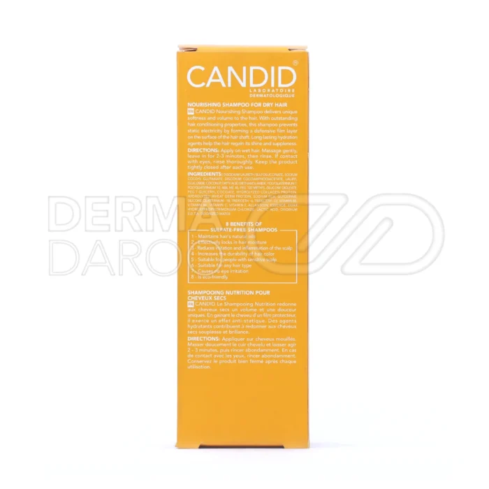 شامپو ویتامینه موی خشک کاندید، با ویتامین C و B5، فاقد پارابن، کاهش التهاب پوست سر، حجم‌دهنده و درخشان‌کننده مو.