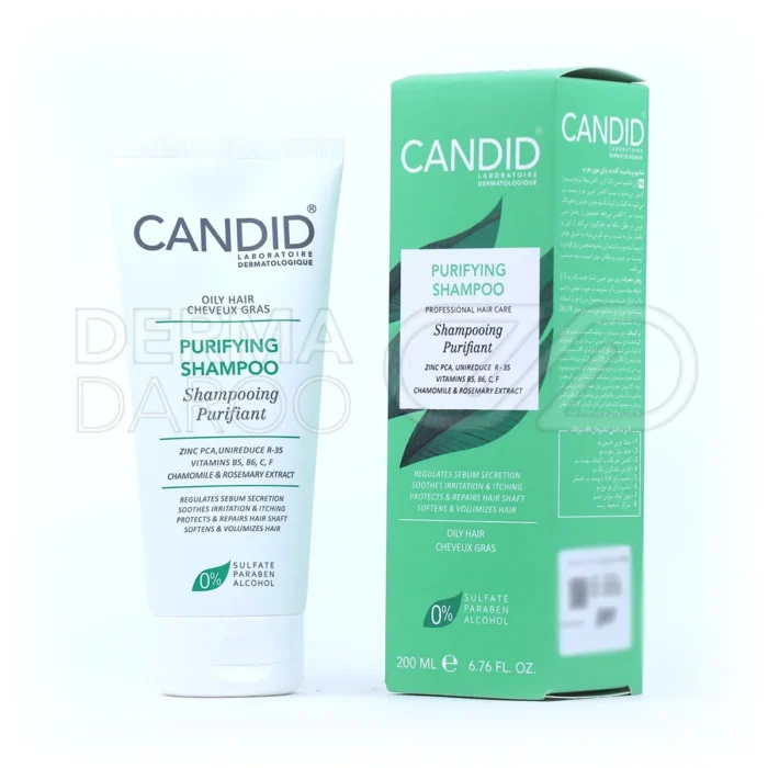 candid-purifying-shampoo-for-oily-hair-200-ml (1) شامپو ویتامینه موی چرب کاندید، فاقد سولفات، با عصاره رزماری و ویتامین B5، در بطری پمپدار، کنترل چربی و ضد التهاب.