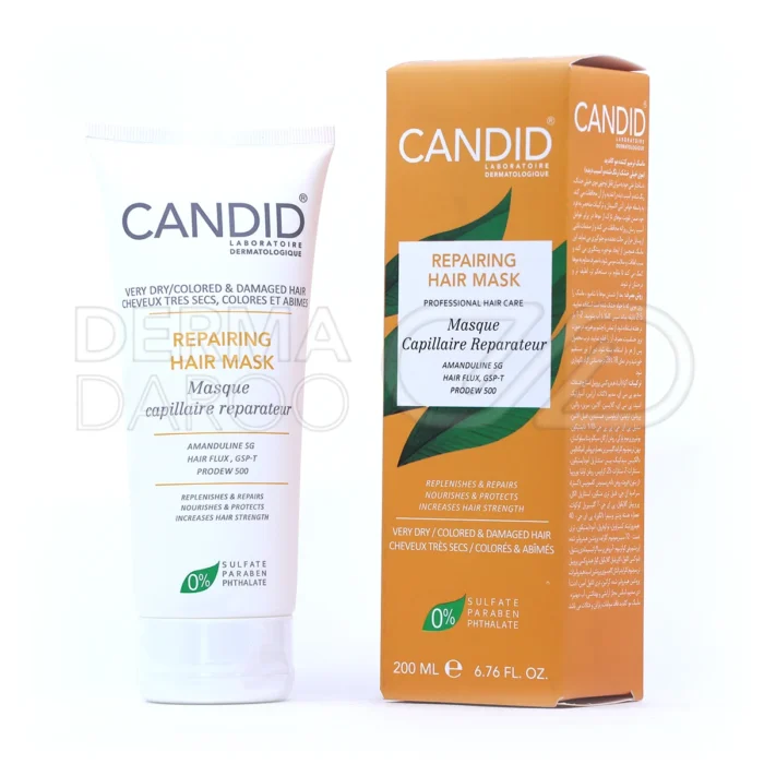 ماسک ترمیم‌کننده مو کاندید، مناسب موهای خشک و رنگ‌شده، با روغن آرگان و کراتین، در بسته‌بندی کاسه‌ای، ضد موخوره و آنتی‌اکسیدان.