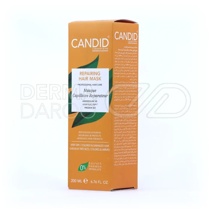 ماسک ترمیم‌کننده کاندید، با توکوفرول و روغن کستر، مناسب موهای آسیب‌دیده، آنتی‌اکسیدان، حفظ لطافت و درخشش مو.