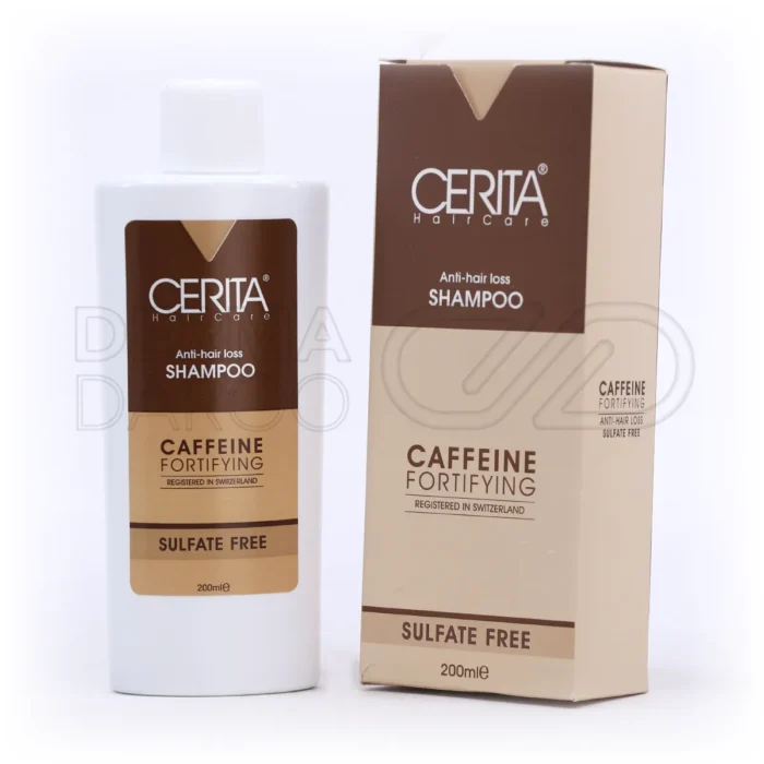 شامپو کافئین بدون سولفات سریتا، مناسب موهای خشک و معمولی، با کافئین و عصاره رزماری، در بطری، ضد ریزش، تقویت‌کننده مو.