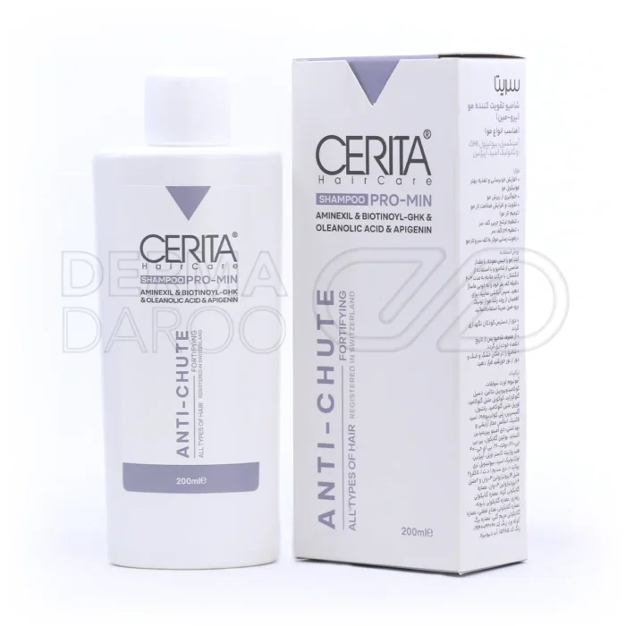 شامپو ضد ریزش پرومین سریتا در بطری سفید با عصاره گزنه و آلوئه ورا برای جلوگیری از ریزش هورمونی و تقویت مو