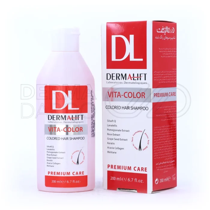 شامپو درمالیفت Vita-Color در بطری پلاستیکی، فاقد سولفات، تثبیت کننده رنگ و نرم کننده موهای رنگ شده