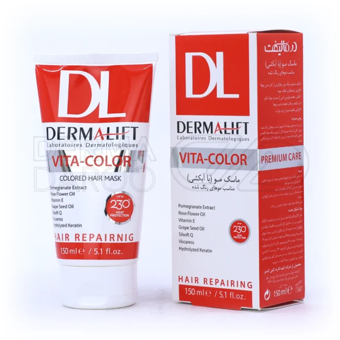 dermalift-vita-color-hair-mask-150-ml (1) ماسک مو ویتاکالر درمالیفت در ظرف پلاستیکی، حاوی عصاره انار و کراتین، تثبیت کننده رنگ موهای رنگ شده