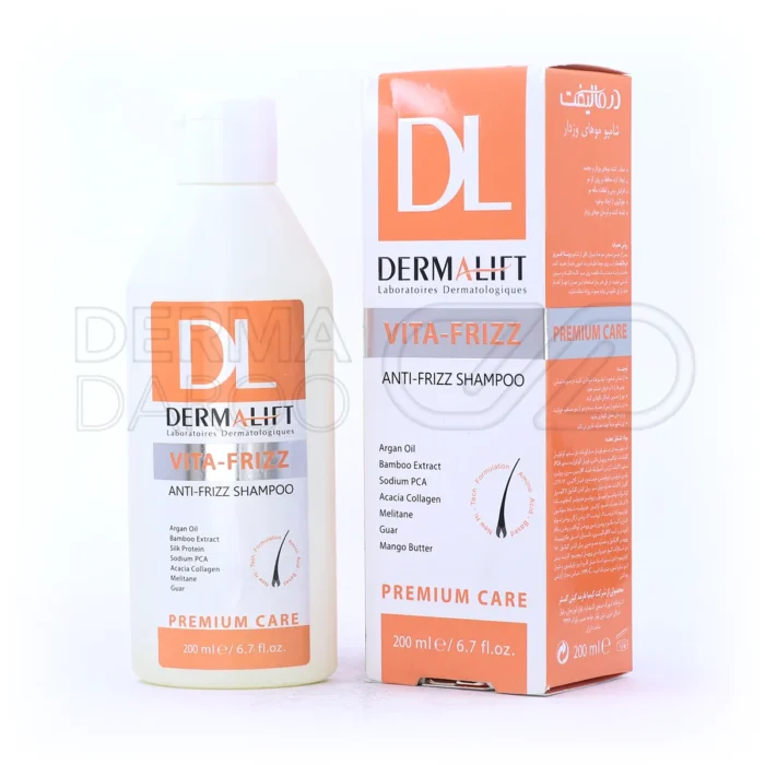 شامپو ویتا فریز درمالیفت در بطری پلاستیکی، حاوی روغن آرگان و کراتین، آبرسان موهای مجعد و وز