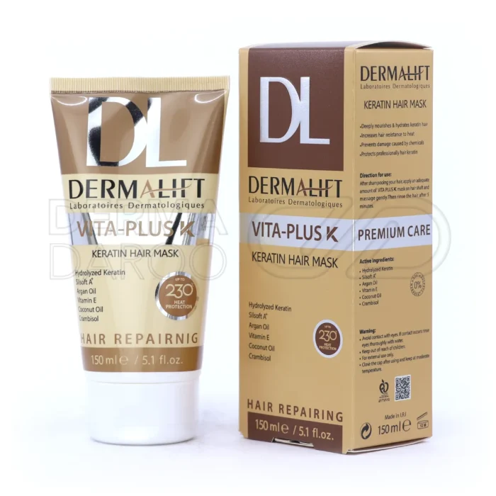 ماسک مو ویتا پلاس کی درمالیفت در ظرف پلاستیکی، حاوی کراتین و روغن آرگان، مغذی موهای کراتینه