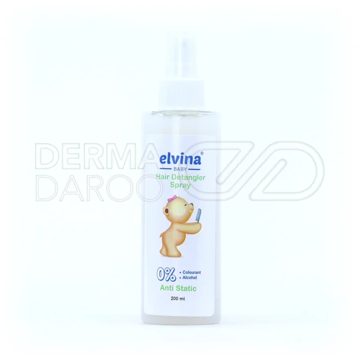 اسپری نرم‌کننده مو کودک الوینا، با آلوئه‌ورا و روغن نارگیل، در بطری اسپری، بازکننده گره مو، بدون چربی و شستشو.