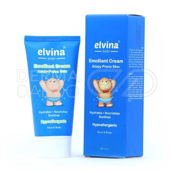 elvina-emollient-cream-100-ml (1) کرم مرطوبکننده اتوپیک کودک الوینا، هیپوآلرژیک، با آلوئهورا و شیباتر، در تیوپی، کاهش اگزما و خشکی پوست.