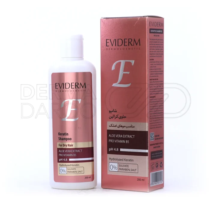 شامپو کراتینه اویدرم در بطری پلاستیکی، فاقد سولفات، حاوی کراتین و آلوئه ورا، آبرسان موهای خشک