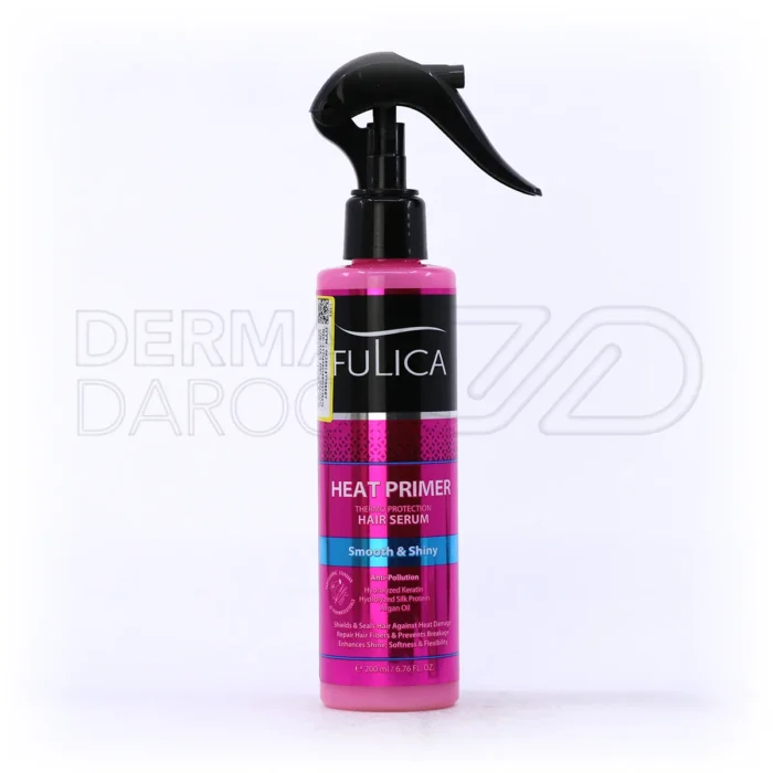 fulica-heat-primer-hair-serum-200-ml (1) اسپری محافظ مو فولیکا در بطری اسپری پلاستیکی، حاوی کراتین و روغن آرگان، محافظ مو در برابر حرارت