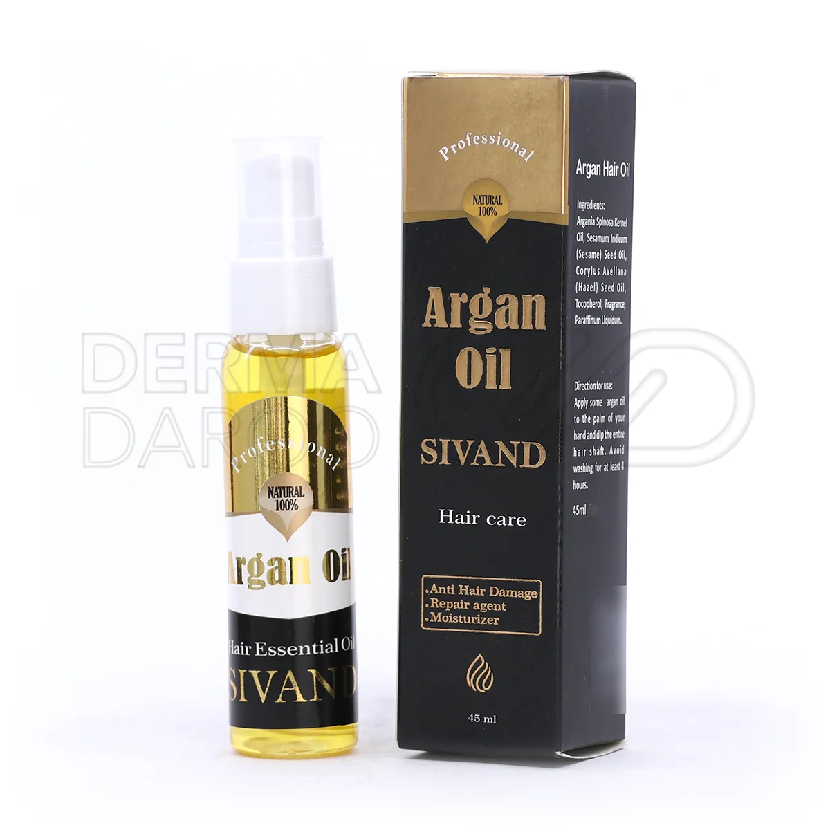 بطری شیک روغن موی آرگان سیوند با رنگ طلایی، حاوی روغن آرگان و ویتامین ای برای ترمیم و درخشندگی موهای خشک و رنگ شده