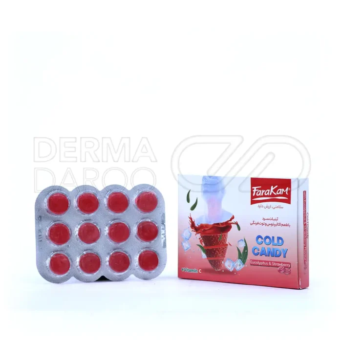farakam-eucalyptus-and-strawberry-cold-candy-12-tabs (1) آبنبات با طعم توت فرنگی و اکالیپتوس 12 عددی فراکام