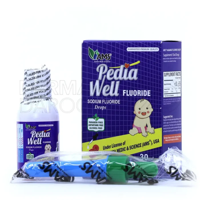 بسته‌بندی قطره خوراکی پدیاول فلوراید ای‌ام‌اس به همراه قطره‌چکان دقیق برای مصرف آسان کودکان