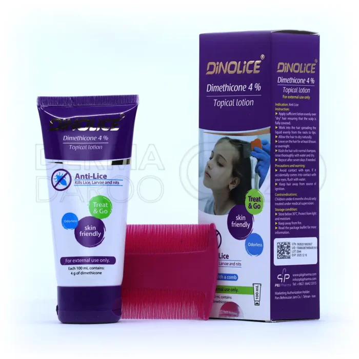 لوسیون ضد شپش داینولایس پی بی جی فارما 100 میلی‌لیتری، با دایمتیکون 4%، مناسب بالای 2 سال، با شانه سر