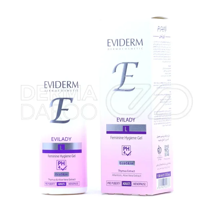 eviderm-evilady-l-feminine-hygiene-gel-150-m (1) ژل بهداشتی اوی لیدی اویدرم در بستهبندی بهداشتی، با آلوئهورا و ویتکس، مرطوبکننده و محافظ نواحی حساس واژن