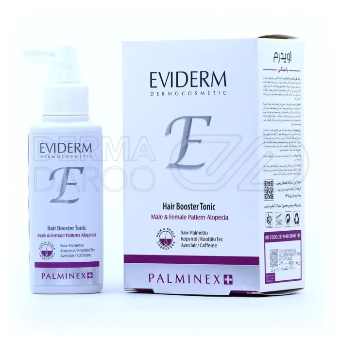 تونیک تقویت‌کننده مو پالمینکس پلاس اویدرم در بسته‌بندی بهداشتی، با عصاره چای سبز و کافئین، تقویت‌کننده ریشه و حجم مو