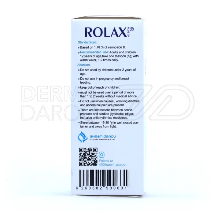 پودر رولاکس با اسانس فرار، ضد اسپاسم و نفخ بوده و یبوست ناشی از تنبلی روده را بهبود می‌بخشد