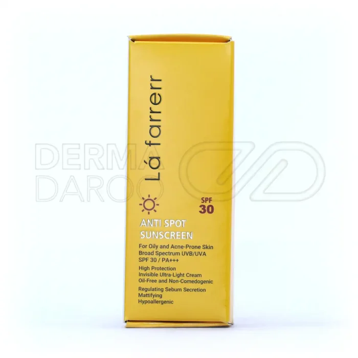 کرم ضد آفتاب لافارر در بسته‌بندی بهداشتی، با عصاره شیرین بیان و آلوئه‌ورا، ضد لک و مناسب پوست‌های چرب و مستعد آکنه